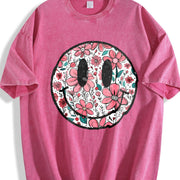 Floral Happy Face Mother's Day for Mom Cute vintage washed oversized T-shirt in Red