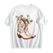 Western Cowgirl Boots Cotton T-Shirt in White