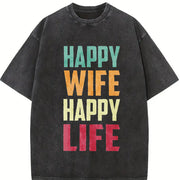 Happy Wife Happy Life Vintage Washed T-Shirt in Black