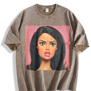 Angry Glam Doll Portrait Vintage Washed T-Shirt in Brown