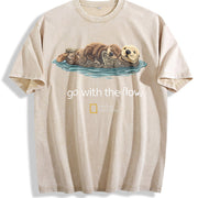 Cute Sea Otter Go with the Flow National Geographic Boxy Vintage Washed T-Shirt in Beige