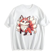 A Red and White Nine-tailed Fox Round-neck Short-sleeve Cotton T-Shirt in White