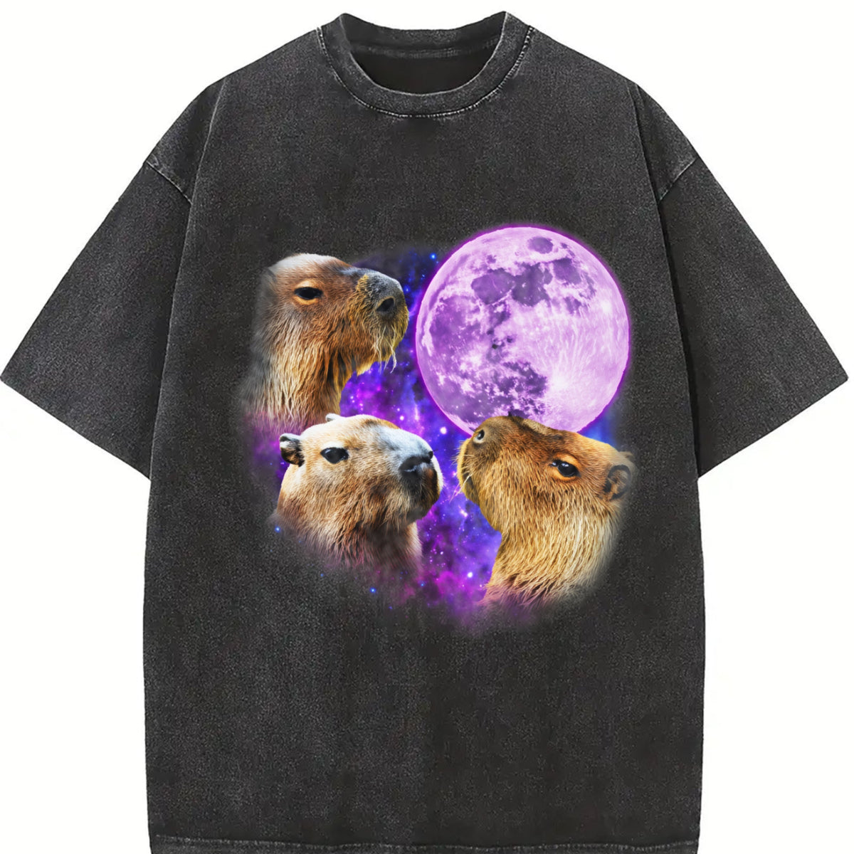 Three Capybaras Retro Capybara Moon Vintage Washed T-Shirt in Black