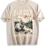 Retro Alaska the Last Frontier Grizzly Bear 90s Vintage Washed T-Shirt in Beige