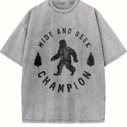 Hide and Seek Champion Bigfoot Humor Classic Camping Vintage Washed T-Shirt in Gray