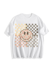 Smiling Flower Checkered Retro Cotton T-Shirt in White