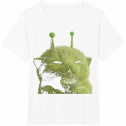 Alien Cat Matcha Cute Green Kitty Cotton T-Shirt in White