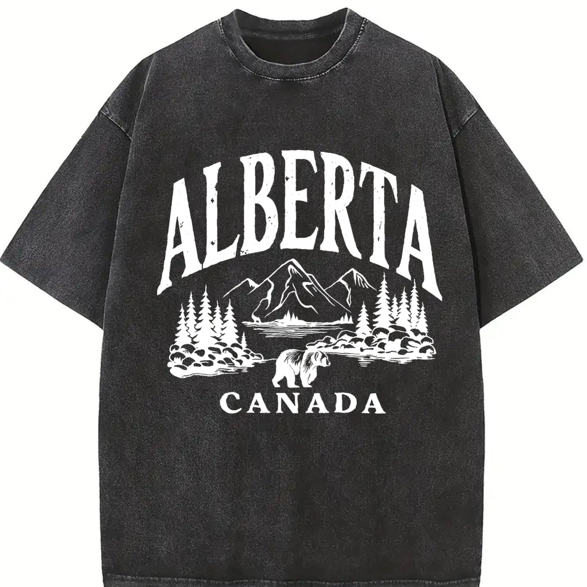 Short-sleeve Canadian Canada Grizzly Bear Snow Mountain Vintage Washed T-Shirt in Black