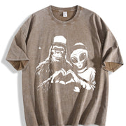 Retro Bigfoot and Alien Heart Hands Vintage Washed T-Shirt in Brown