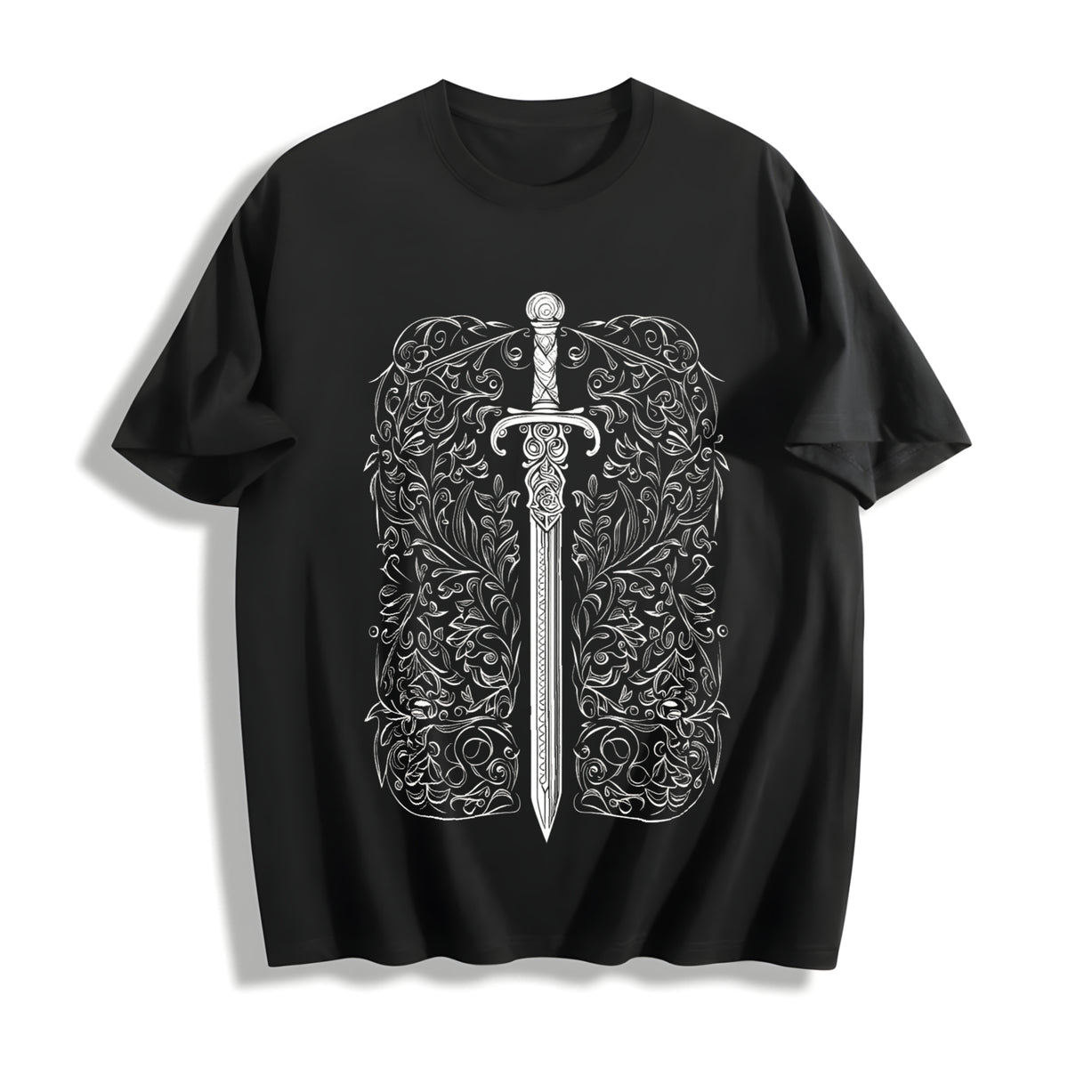 Sword & Letter Ladies for Spring & Fall Cotton T-Shirt in Black