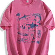 Sea Creatures 90s Tattoo Sea Animal Vintage Washed T-Shirt in Red