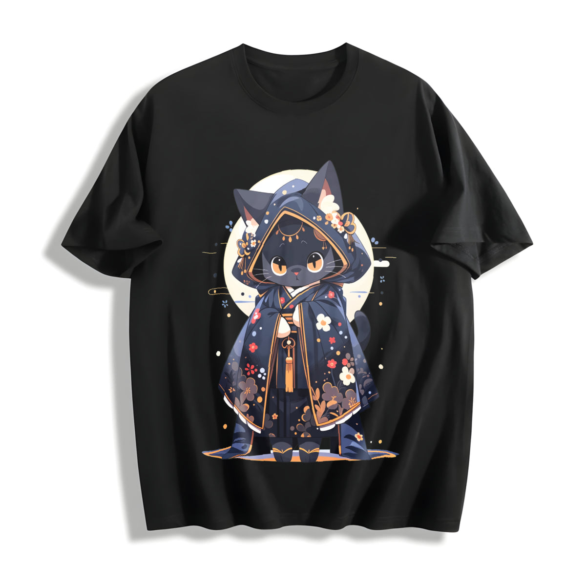 Cute Forest Animal Party Japanese- Black Robe Cat Cotton T-Shirt in Black