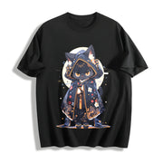 Cute Forest Animal Party Japanese- Black Robe Cat Cotton T-Shirt in Black