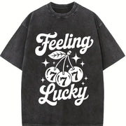 Feeling Lucky Retro 777 Slot Machine Cherry Vintage Washed T-Shirt in Black