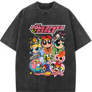 Powerpuff Girls Comic Collage vintage washed oversized T-shirt in Black