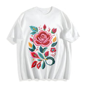 Bohemian Floral Imitation Embroidery Cotton T-Shirt in White