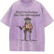 Hold on Partner I'm Overstimulated Vintage Washed T-Shirt in Purple