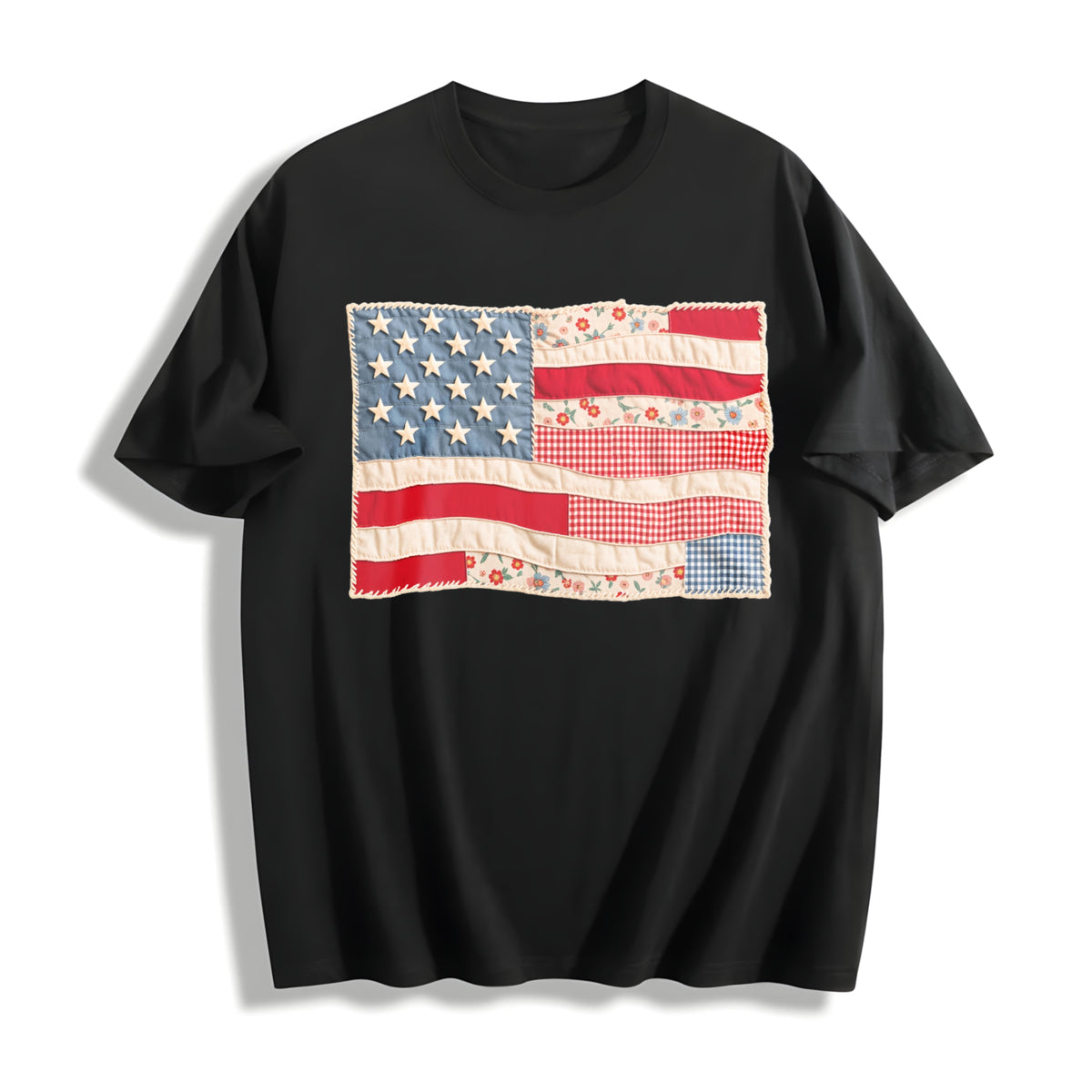 Retro American Flag Cotton T-Shirt in Black