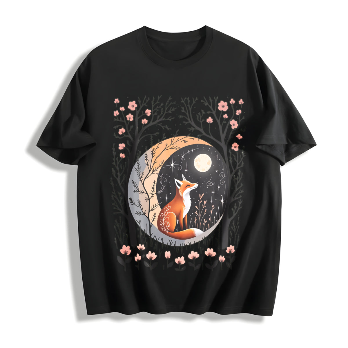 Sister Autumn Dead Tree Flowers Night Fox Appreciation Cotton T-Shirt in Black