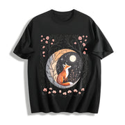 Sister Autumn Dead Tree Flowers Night Fox Appreciation Cotton T-Shirt in Black