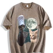 Three Cats Retro Moon Vintage Washed T-Shirt in Brown