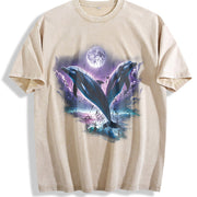 Two Dolphins Moon Ocean Mystical Dolfin Vintage Washed T-Shirt in Beige