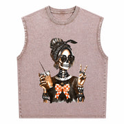 Skull Coffee Peace Sign Vintage Washed Tank Top in Brown