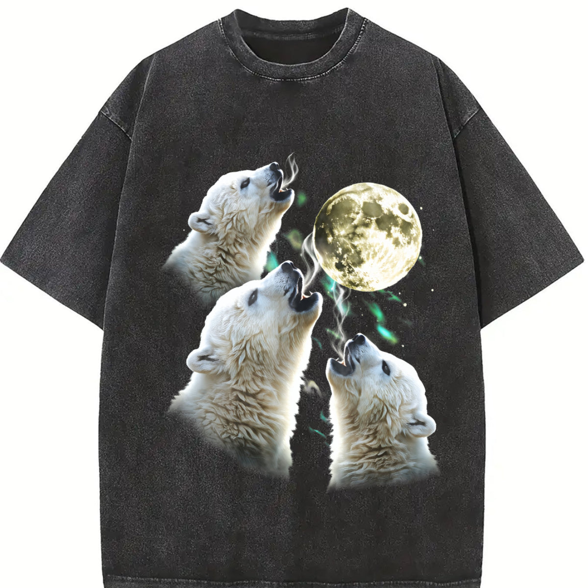 Baby Polar Bear Howling to Moon 90s Vintage Washed T-Shirt in Black