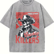 Retro Popular Cowboy Killers 90s Vintage Washed T-Shirt in Gray