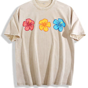 Embroidered Hibiscus Vintage Washed T-Shirt in Beige