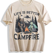 Retro Bear and Alien Life Is Better by the Campfire 90s Vintage Washed T-Shirt in Beige