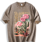Desert Cactus Flower Letter Vintage Washed T-Shirt in Brown