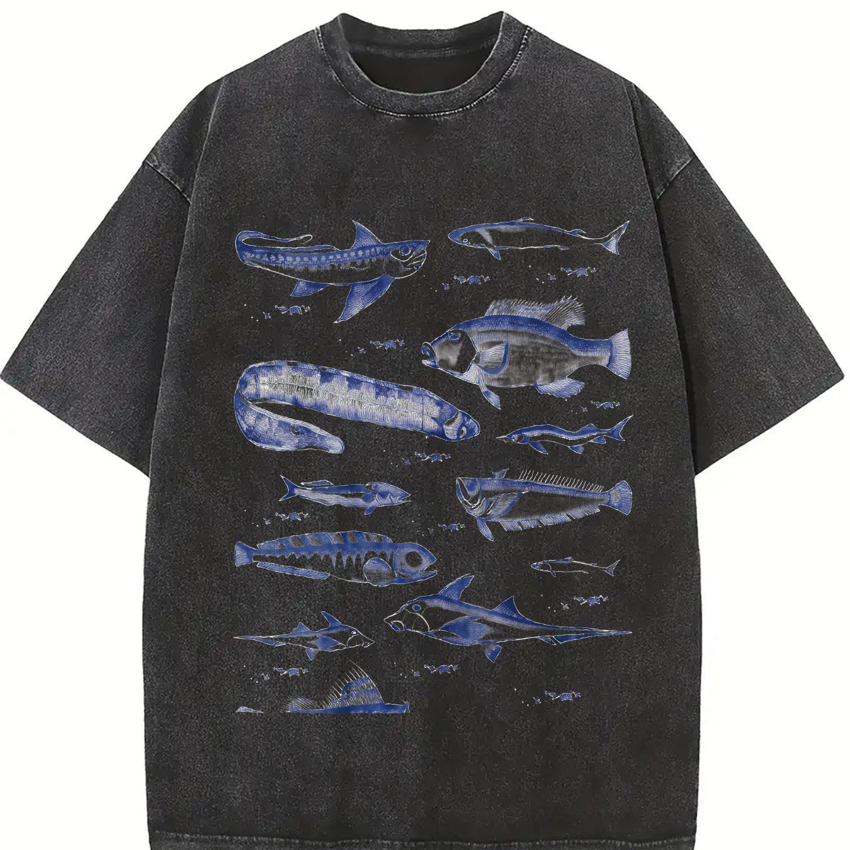 Fish Tattoo Retro Fisher Vintage Washed T-Shirt in Black