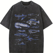 Fish Tattoo Retro Fisher Vintage Washed T-Shirt in Black