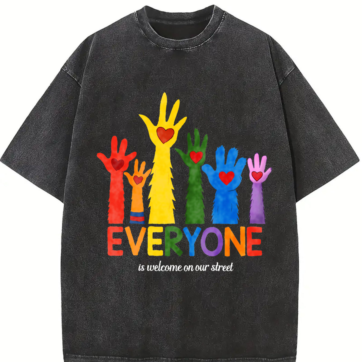 Everyone Is Welcome On Our Street Pride Month Sublimation vintage washed oversized T-shirt in Black