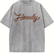 Howdy Rope Script Country Music Vintage Washed T-Shirt in Gray