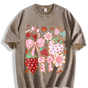 Boho Strawberry Coquette Vintage Washed T-Shirt in Brown