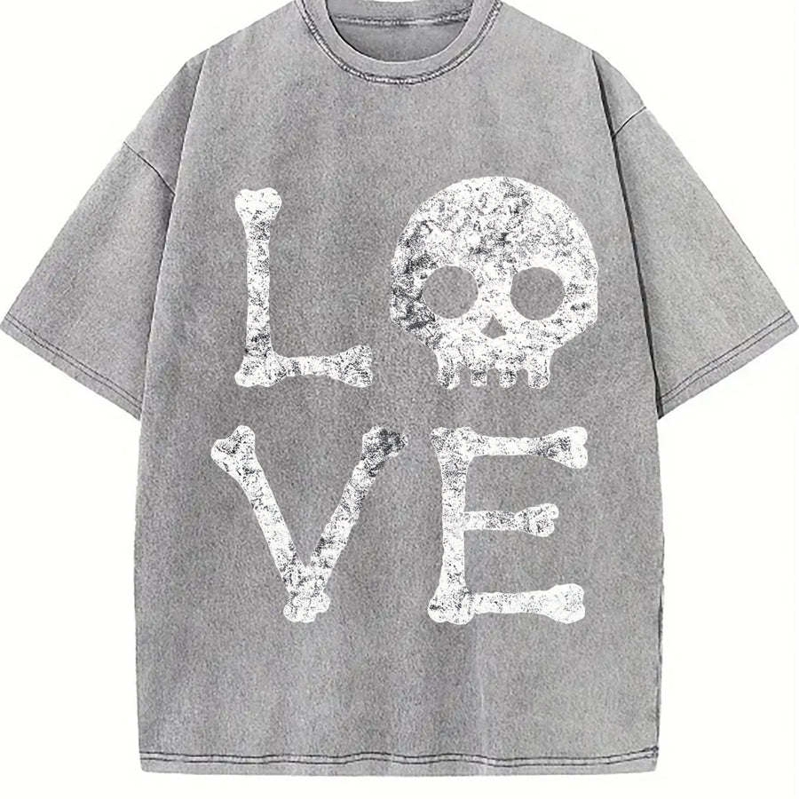 Love Skull Skeleton Bones Halloween Party Cute Ladies Vintage Washed T-Shirt in Gray