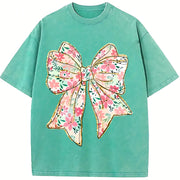 Coquette Bow Floral Bow Vintage Washed T-Shirt in Blue