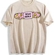 Jesus Heals Christian Based Vintage Washed T-Shirt in Beige