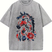 New Year Winter a Horse Year Theme Vintage Washed T-Shirt in Gray