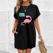 Cute Dinosaur Short-sleeve Dress Cotton T-Shirt in Black