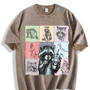 Retro Raccoon Drink Coffee Vintage Washed T-Shirt in Brown
