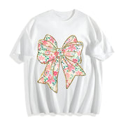 Coquette Bow Floral Bow Cotton T-Shirt in White