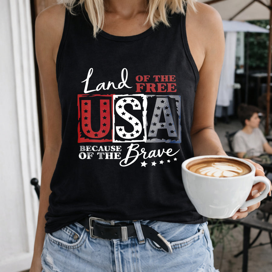 USA Land of the Free Racerback V-neck Women's Color Cotton Tank Top in Black