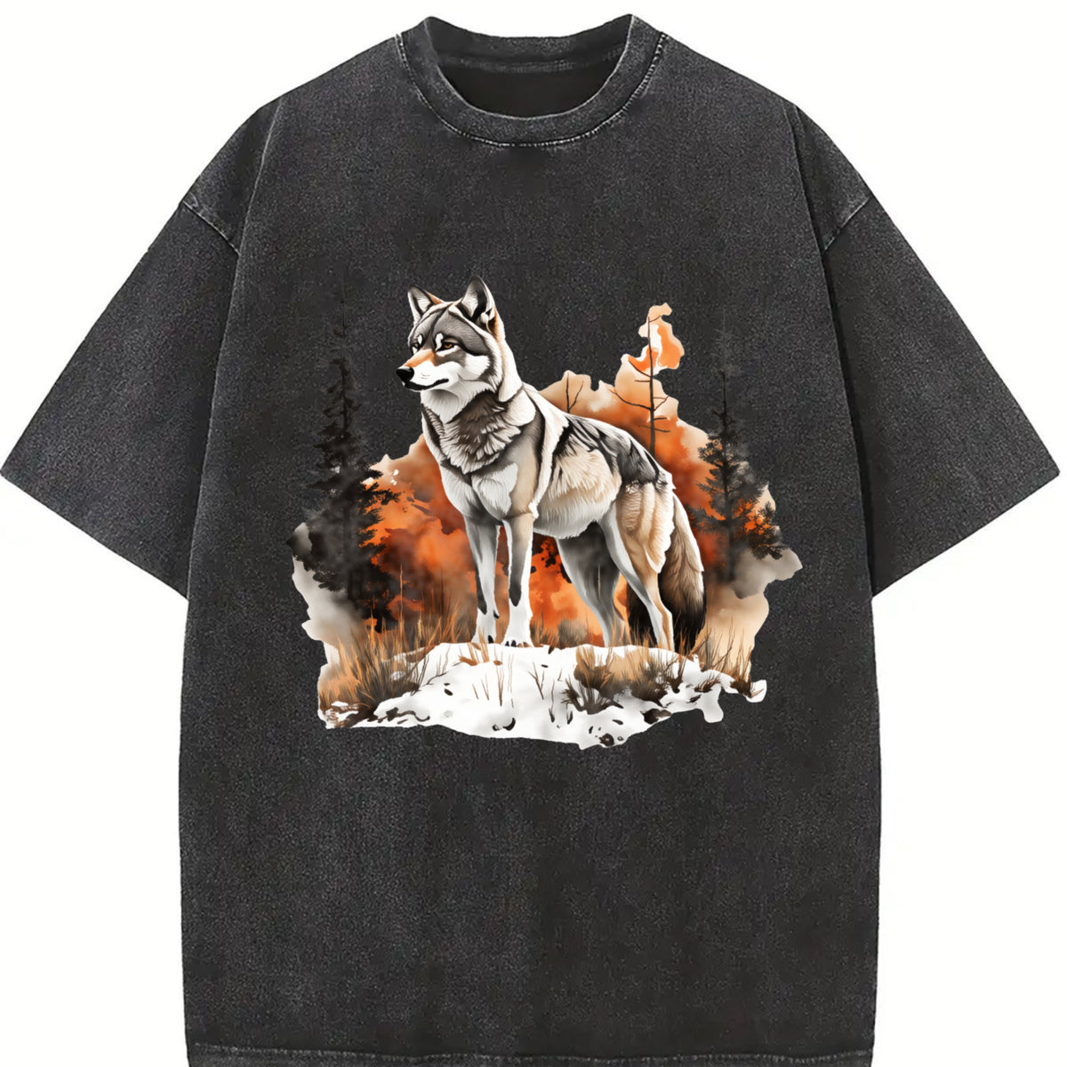 Winter: Gray Wolf in a Forest Snowscape Vintage Washed T-Shirt in Black