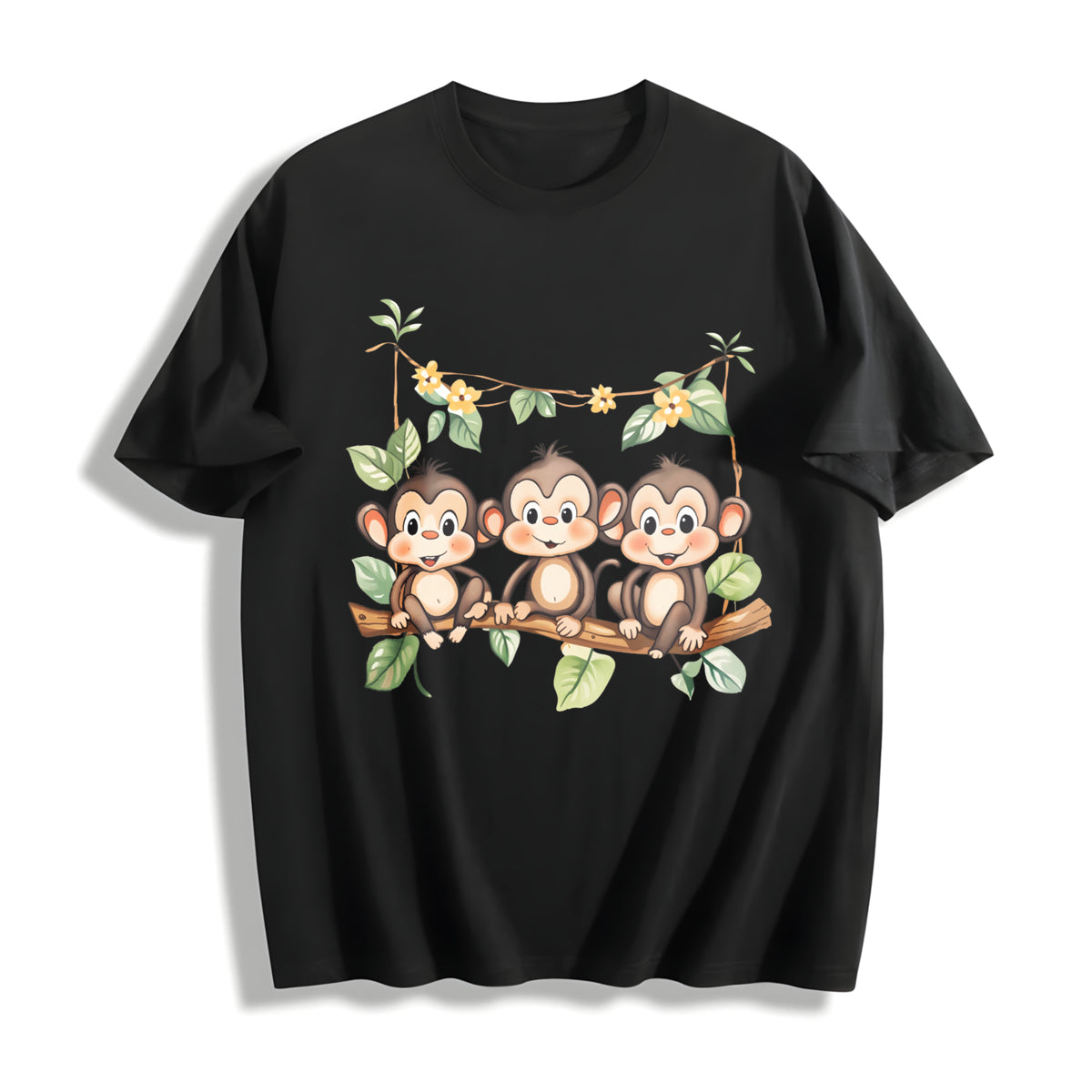 With Three Monkeys on Branch Yellow Flowers and Green Cotton T-Shirt in Black