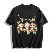With Three Monkeys on Branch Yellow Flowers and Green Cotton T-Shirt in Black