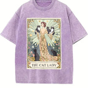 Cat Tarot Card Cat Lover Vintage Washed T-Shirt in Purple