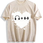 Headphones Dumbbell Heart Vintage Washed T-Shirt in Beige